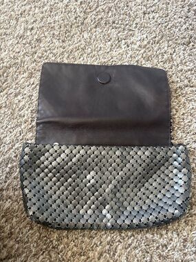 Joan & David Silver Metal Woven Leather Clutch